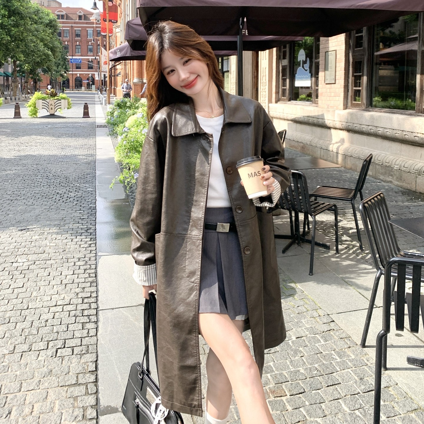条纹拼接绿棕色皮衣外套女春秋2025新款中长款气质机车服PU皮夹克,女装风衣,2C291