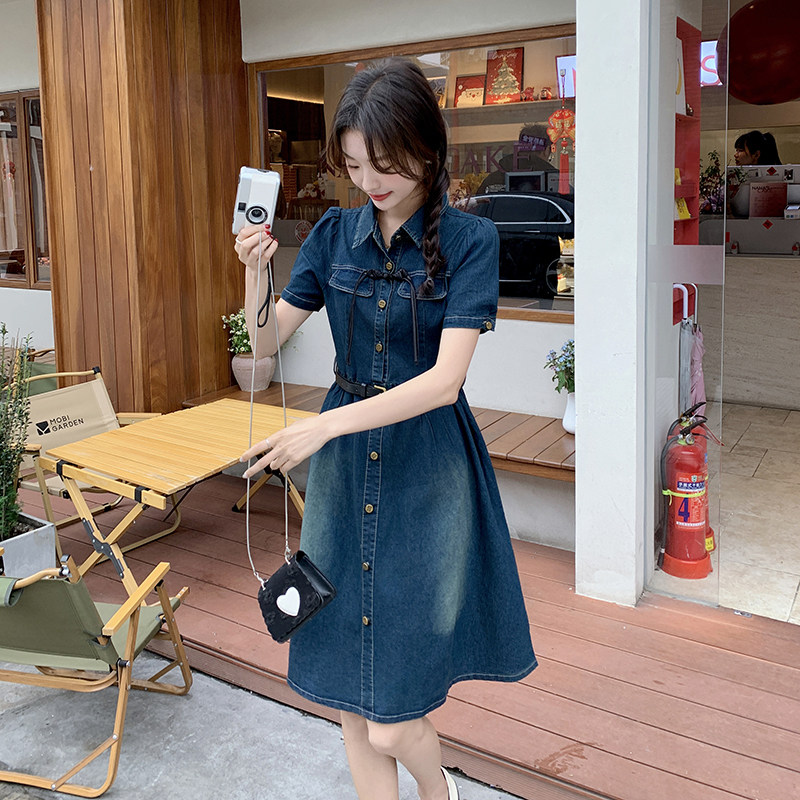 【现货】2025夏装新品新中式轻风牛仔复古连衣裙配腰带,女装连衣裙,2D148