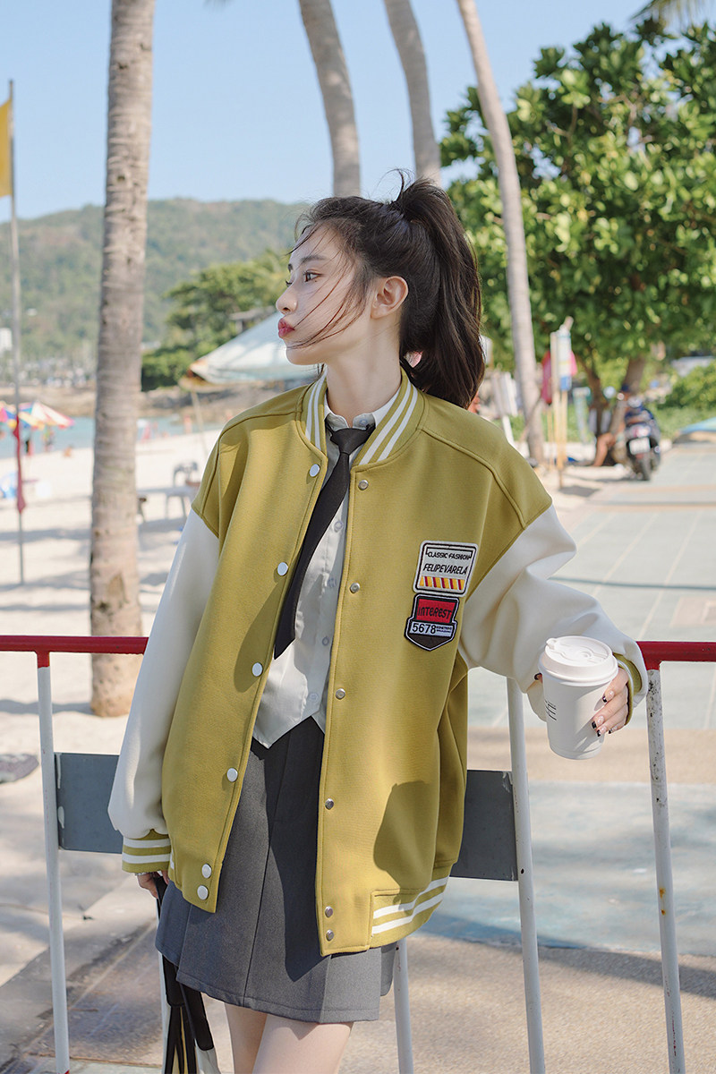 高级小众学院风黄色棒球服外套女春秋2025年超火好看短款夹克上衣,女装短外套,2C056