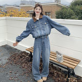蓝色复古休闲牛仔套装女2025春秋季新款显瘦夹克外套阔腿裤两件套，女装套装/套裙，2C135