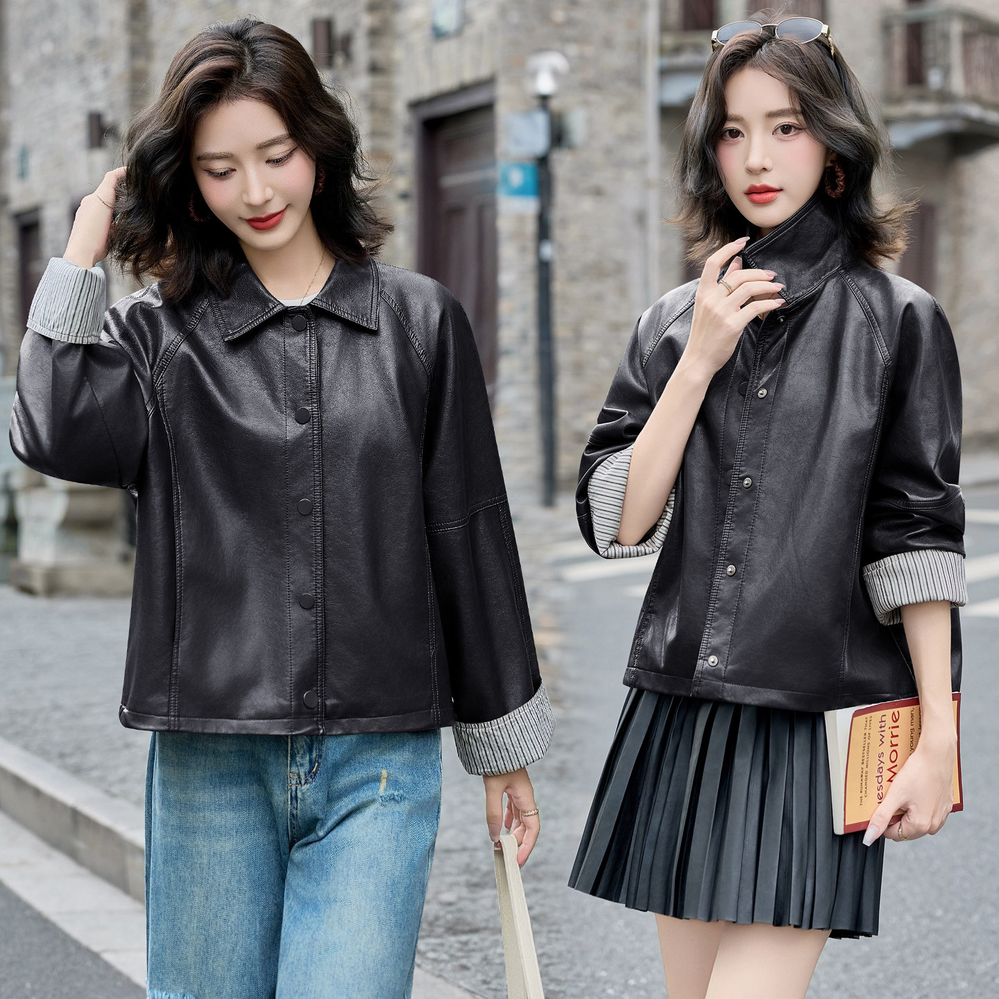 小个子韩系休闲皮衣外套女2025春秋新款时尚百搭显瘦长袖夹克上衣,女装皮衣,英标秀（1C119）