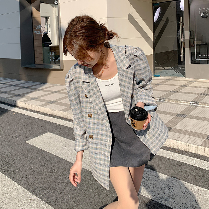 【秋款现货】复古时尚牛仔拼接格子西装外套2D148-A123-P135K195,女装西装,2D148