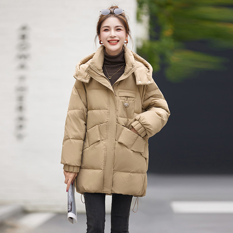 连帽羽绒服女2025冬季新款韩版口袋宽松加厚小个子中长款保暖外套,女装羽绒服,蓝朵琳