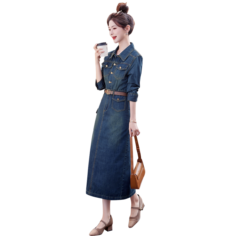 （新款现货）2025春装时尚休闲复古色不对称牛仔连衣裙(配腰带）,女装连衣裙,1D060