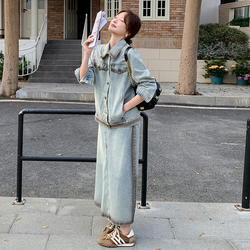 一整套ootd穿搭春装高级感休闲牛仔外套半身裙两件套2025新款套装,女装套装/套裙,2C093
