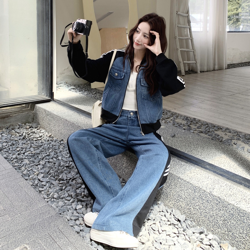 2025春秋季新款韩版拼接牛仔上衣阔腿裤两件套女复古休闲显瘦套装,女装套装/套裙,2D148
