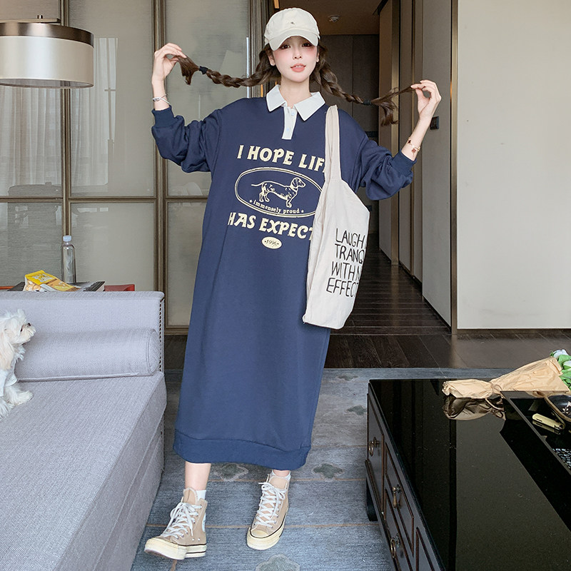 藏蓝色字母印花卫衣裙女2025春季新款韩系学院风减龄宽松休闲长裙,女装连衣裙,2D043