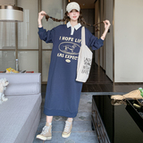 藏蓝色字母印花卫衣裙女2025春季新款韩系学院风减龄宽松休闲长裙，女装连衣裙，2D043