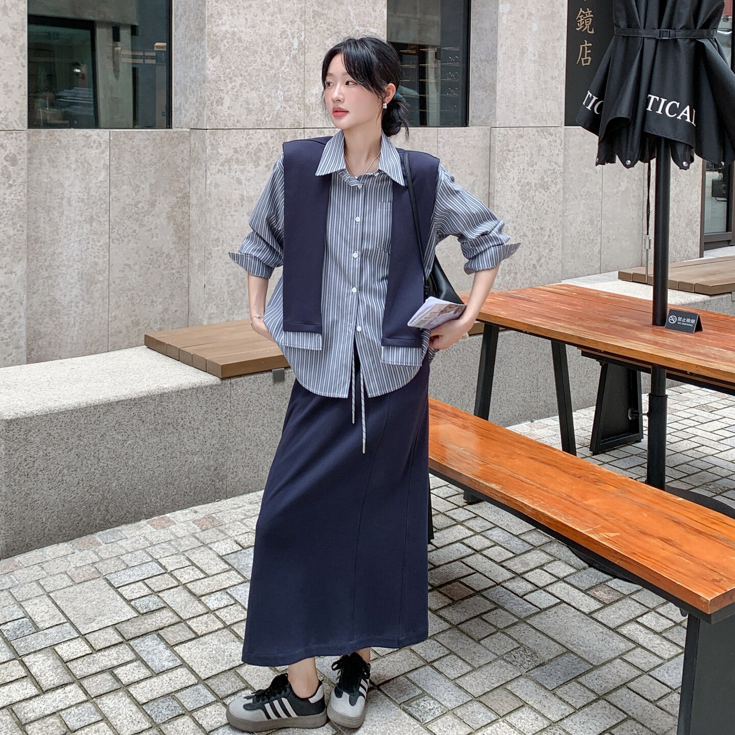 通勤可脱卸披肩条纹衬衫半身裙套装女秋季2025清新松弛感淡人套装,女装套装/套裙,2C227