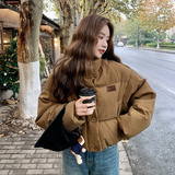 独特超好看肌理感立领短款肯豆羽绒服女冬美拉德咖色条纹小众外套，女装羽绒服，2C280
