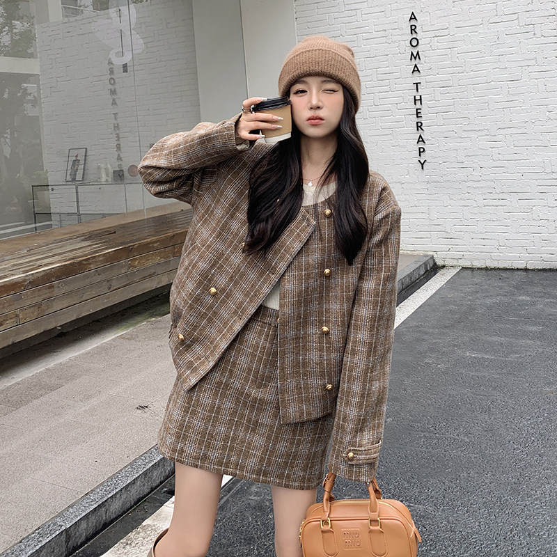 23冬装新品小香风格子夹棉加厚两件套套装2510-p175-k258,女装套装/套裙,2C159