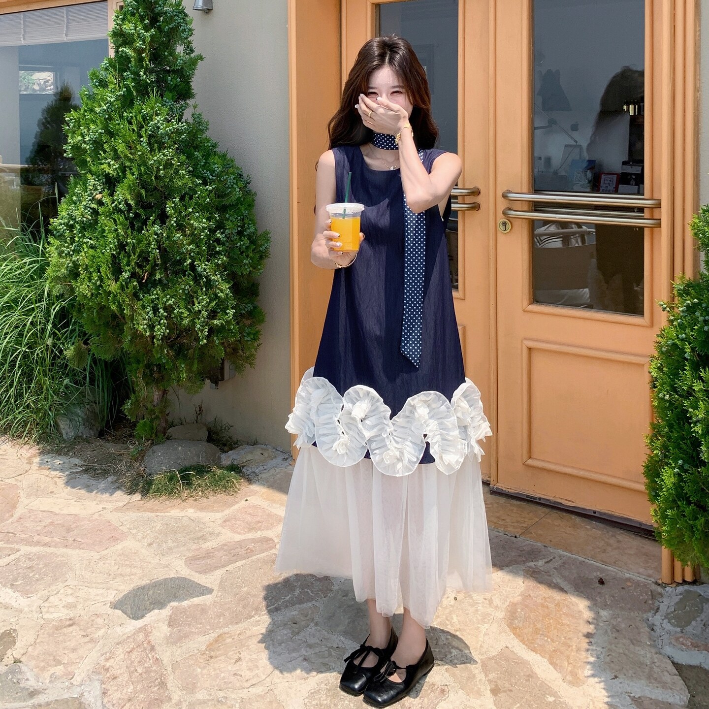 立体花朵假两件连衣裙女2025夏季新款法式时尚撞色拼接无袖长裙图片