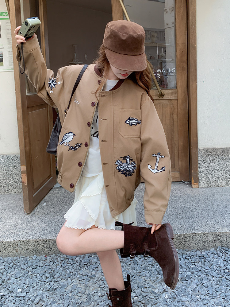 新款！现货！复古高级感重工刺绣棒球服外套6865-P165-K248,女装派克服,2D034