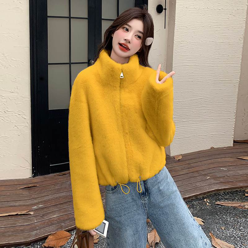 高级感韩系立领皮毛一体外套女2024冬季新款宽松加厚保暖开衫上衣图片