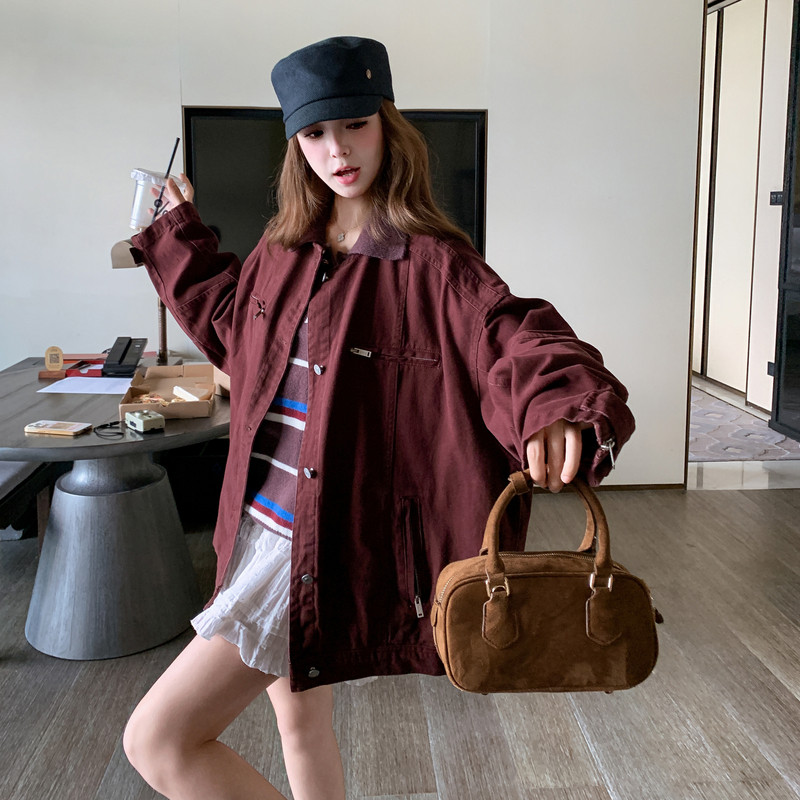 酒红色工装外套女春秋2025新款巨好看独特别致宽松美工复古上衣,女装短外套,2C275