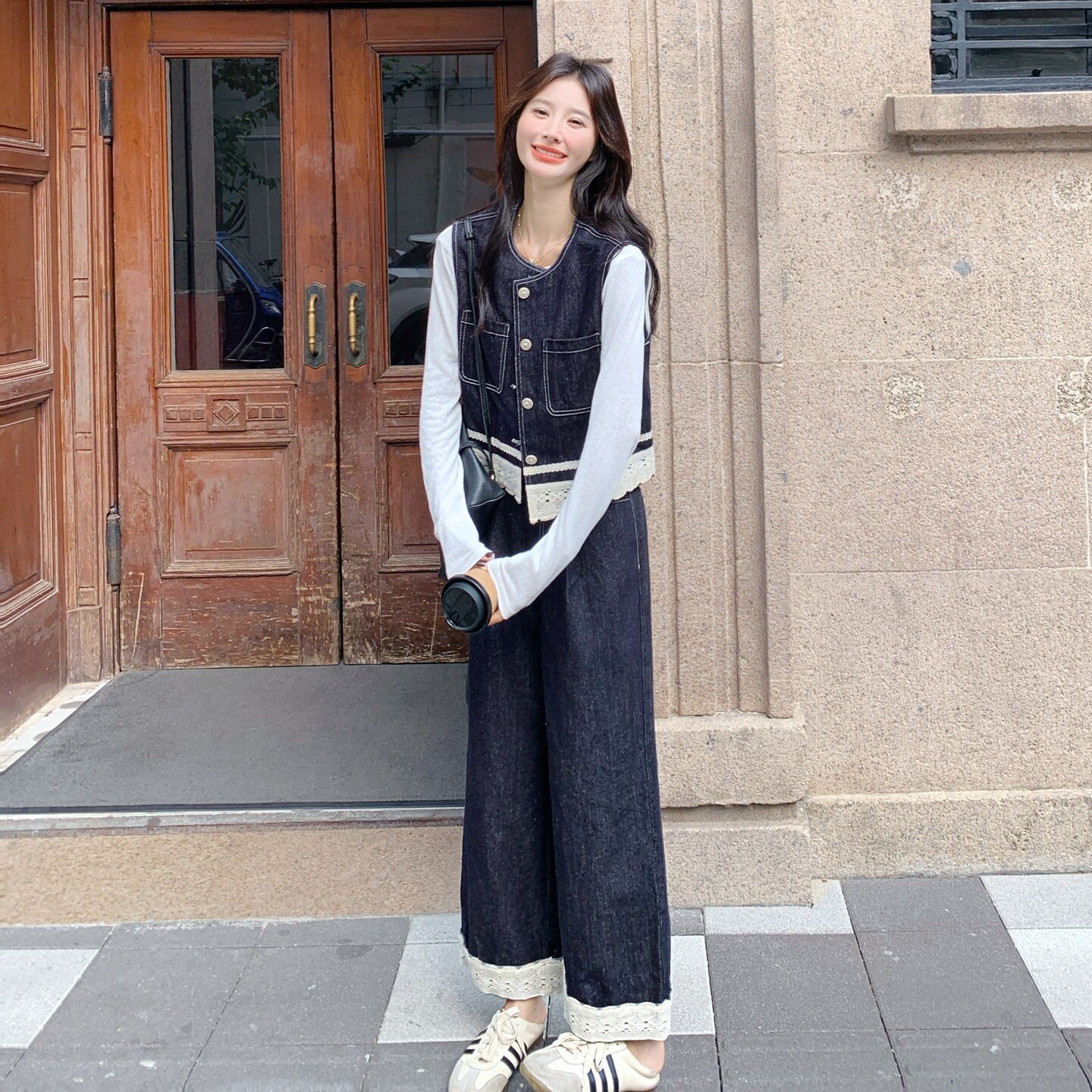 松弛慵懒风蕾丝牛仔马甲套装女2025新款秋季简约阔腿裤百搭两件套,女装套装/套裙,2C012