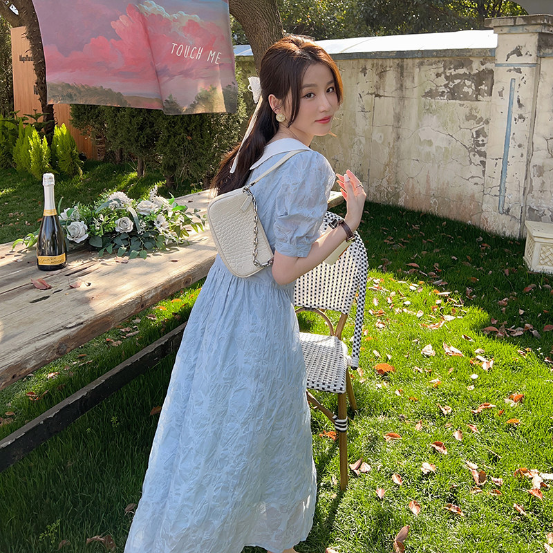 货出2025年夏季茶歇仙女气质连衣裙盐缩提花蓝色炸街裙子P120K178图片