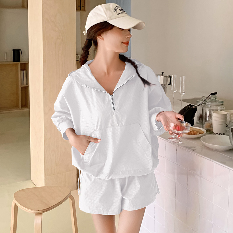 夏季新款套装连帽短袖短裤纯色宽松透气两件套防晒服8810p105k155,女装防晒衣,2D143