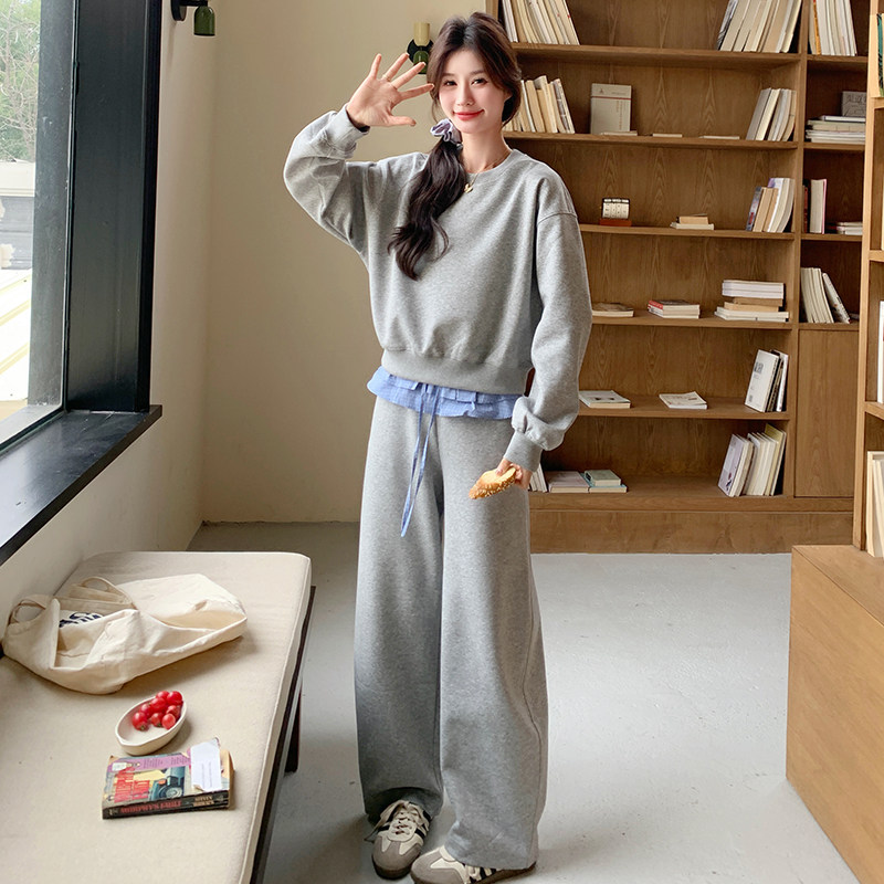 露肩设计上衣套装女2025秋季新款韩版小个子卫衣阔腿裤休闲两件套图片