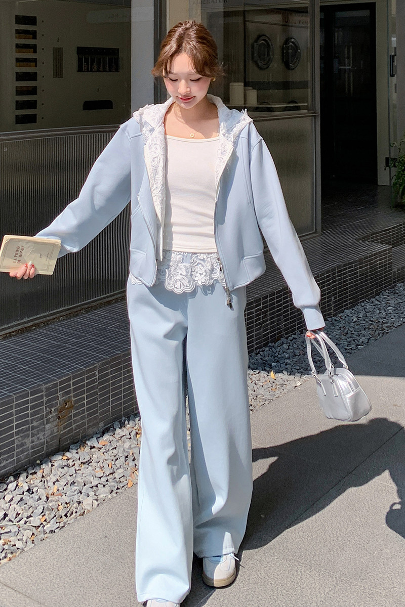 休闲运动蕾丝花边连帽蓝色卫衣套装女春秋洋气高级感阔腿裤两件套,女装套装/套裙,2C166