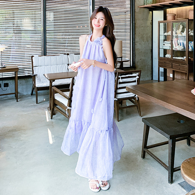 甜美减龄淡紫色挂脖吊带连衣裙女夏2025新款长裙超仙海边度假爆款,女装连衣裙,2D009