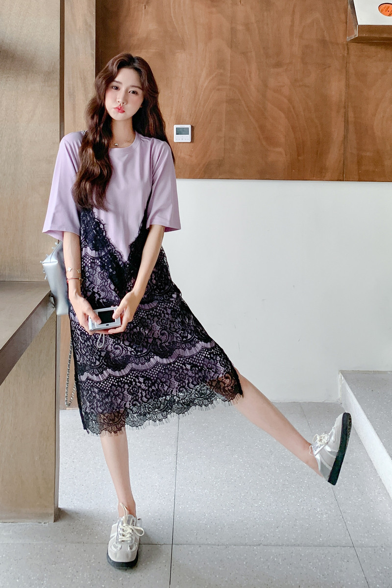 蕾丝拼接紫色T恤连衣裙女夏2025新款学院风小个子休闲爆款流行,女装连衣裙,2C206