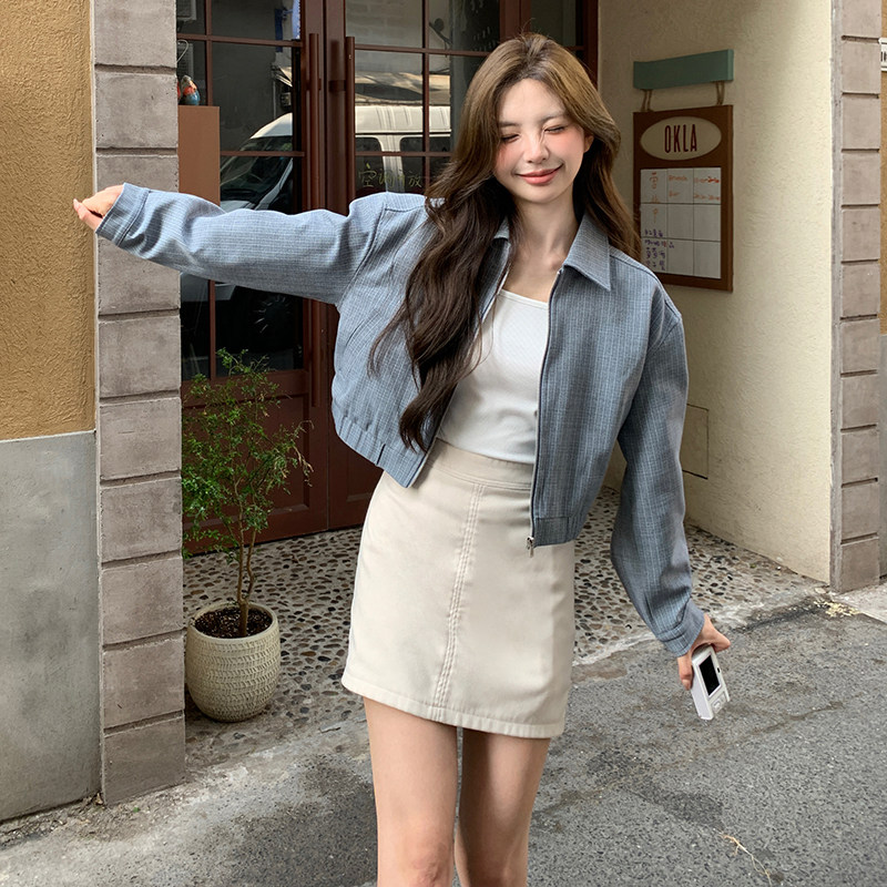 蓝色条纹短款外套春秋女2025新款学院风今年流行小个子显高夹克潮,女装短外套,2C057