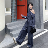 气质飘带露肩上衣休闲裤套装女秋2025新款大方得体流行超火两件套，女装套装/套裙，2C159