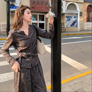 设计感系带显瘦针织上衣阔腿裤套装女2025秋韩系复古松弛感两件套图片