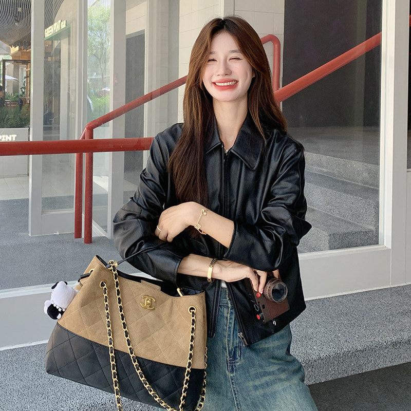 复古短款翻领PU皮衣外套女春秋新款酷飒风时尚百搭小个子机车夹克图片