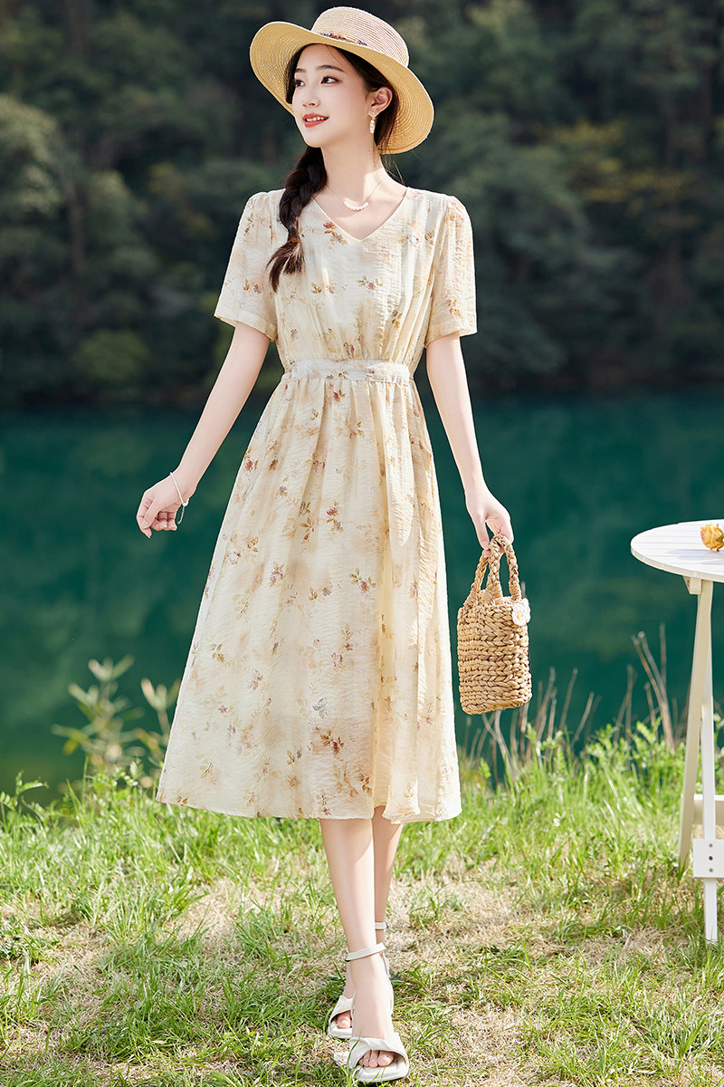 2025夏季新款连衣裙天丝印花V领系腰绳·时尚长裙,女装连衣裙,2C290