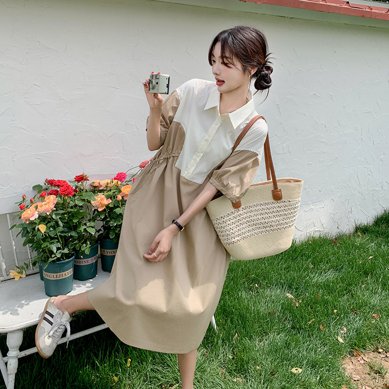 卡其色拼色Polo领连衣裙夏女2024新款设计感气质宽松中长款衬衫裙图片
