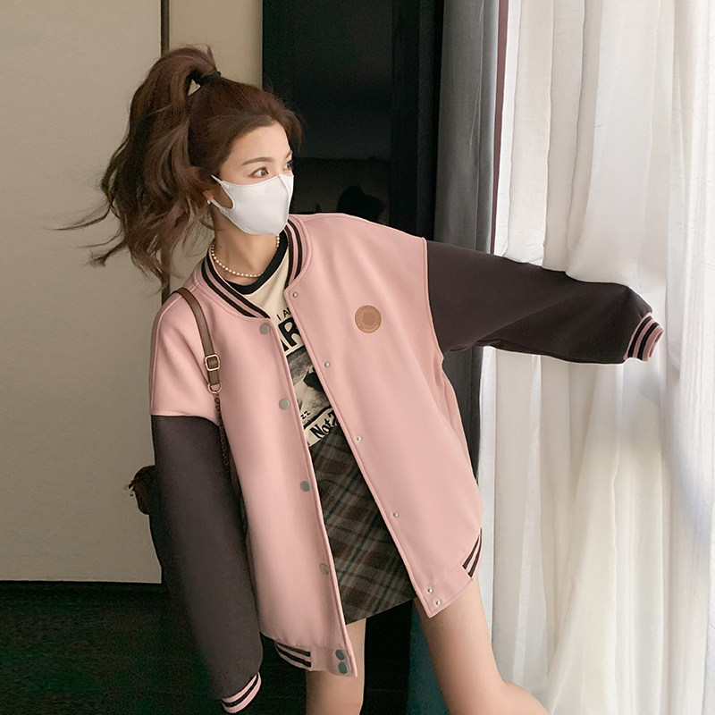 粉色美式复古拼接棒球服短款外套女春秋新款设计感小个子休闲上衣,女装短外套,2C170