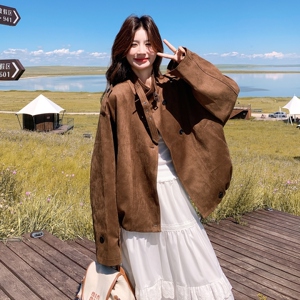 休闲气质复古麂皮绒咖色短外套女春秋2025新款小个子夹克上衣流行图片