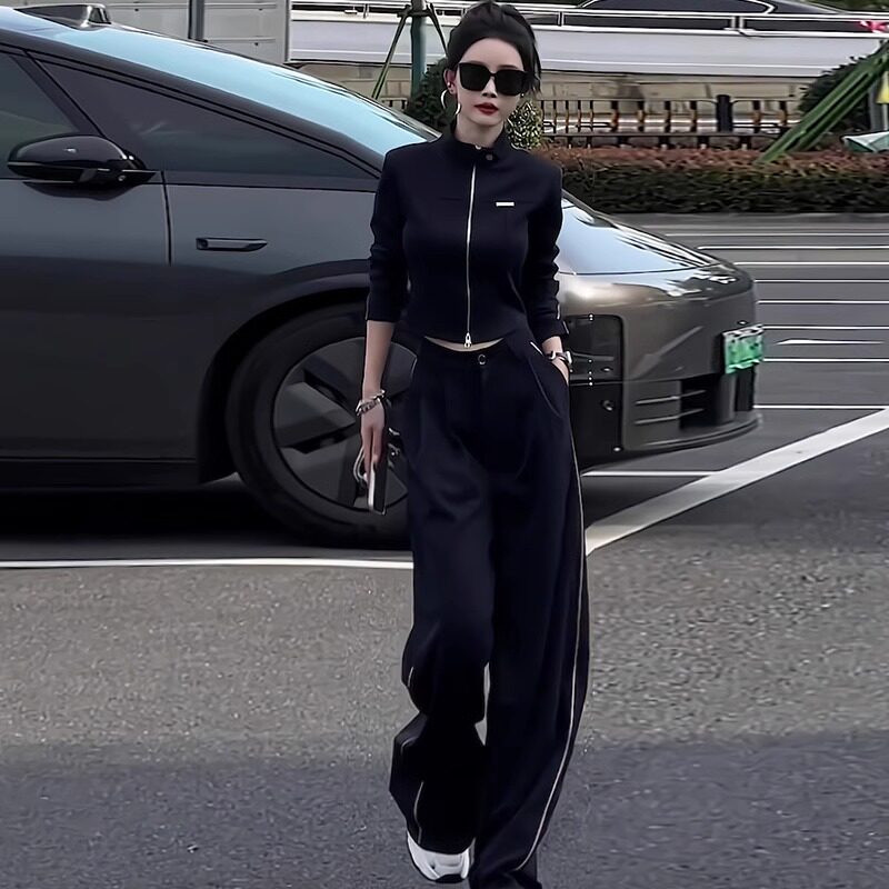 韩版时尚气质大方套装女春新款拉链开衫黑色立领上衣阔腿裤两件套,女装套装/套裙,2C310