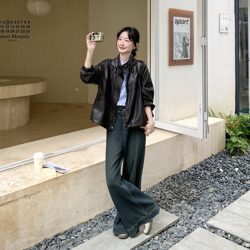 高级感立领咖色短款皮衣外套女春秋2025新款小个子PU夹克百搭超火,女装皮衣,2C092