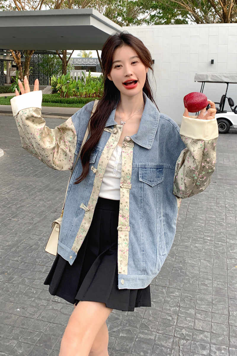 新中式风复古盘扣牛仔外套女春秋2025新款缎面拼接别致独特上衣,女装短外套,2C177
