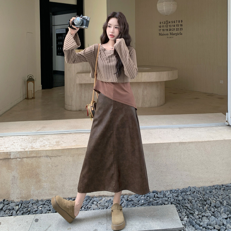 美拉德穿搭咖色套装女春秋超火好看高级小众针织罩衫半身裙三件套,女装套装/套裙,2C117
