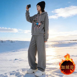 巨好看休闲时尚套装女秋冬季新款卡通印花连帽卫衣直筒长裤两件套图片