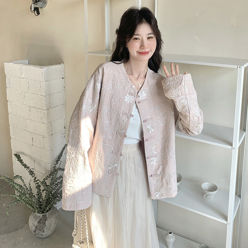 粉色新中式国风刺绣短外套女2025春季新款独特超好看气质圆领上衣,女装短外套,2C217