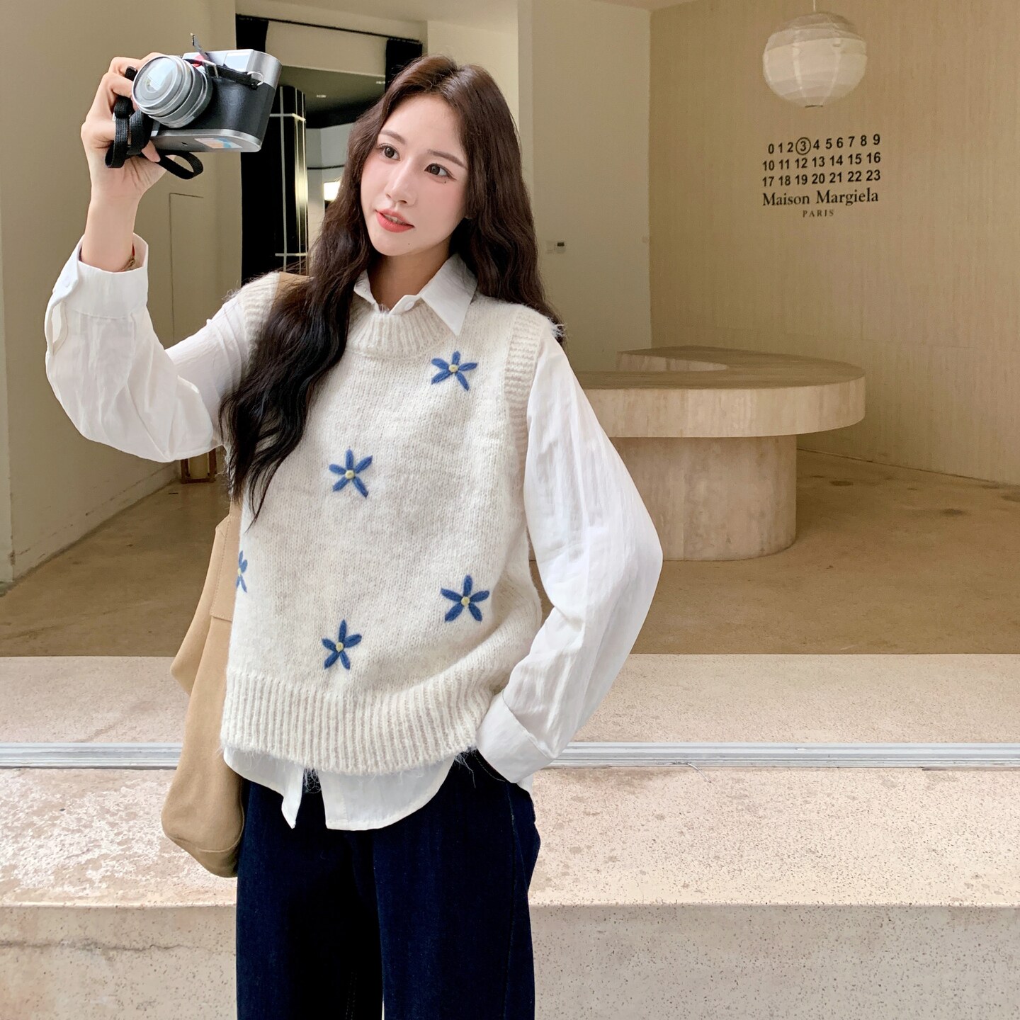 学院风碎花背心衬衫套装女春秋2025新款小个子韩系独特漂亮两件套，女装针织衫/毛衣，2C135