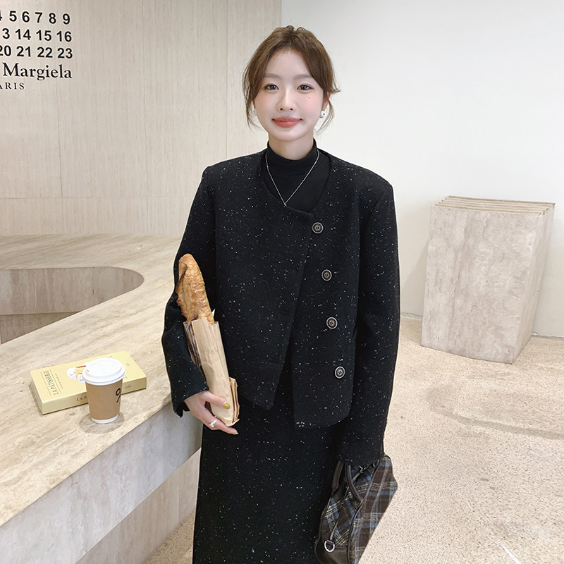 复古气质亮片毛呢小香套装女2025冬季新款加厚羽绒外套裙子两件套,女装套装/套裙,2C203