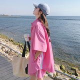 多巴胺绝美穿搭粉色衬衫短裤女夏2025超火休闲运动度假，女装套装/套裙，2C069