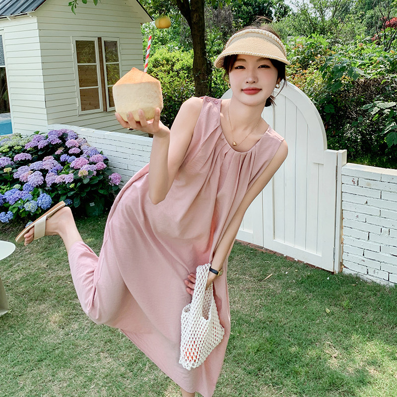 粉色褶皱无袖背心裙女中长款2024夏新款法式宽松甜美温柔风连衣裙,女装连衣裙,2C050
