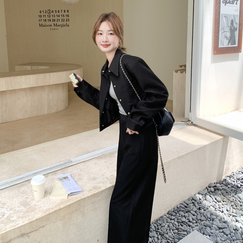 黑色复古高级感通勤套装女2025年春秋季新款显瘦上衣阔腿裤两件套,女装套装/套裙,2C088