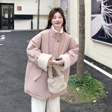 粉色羊羔毛拼接工装羽绒服派克服女短款2024冬季新款加厚保暖外套，女装羽绒服，2C115