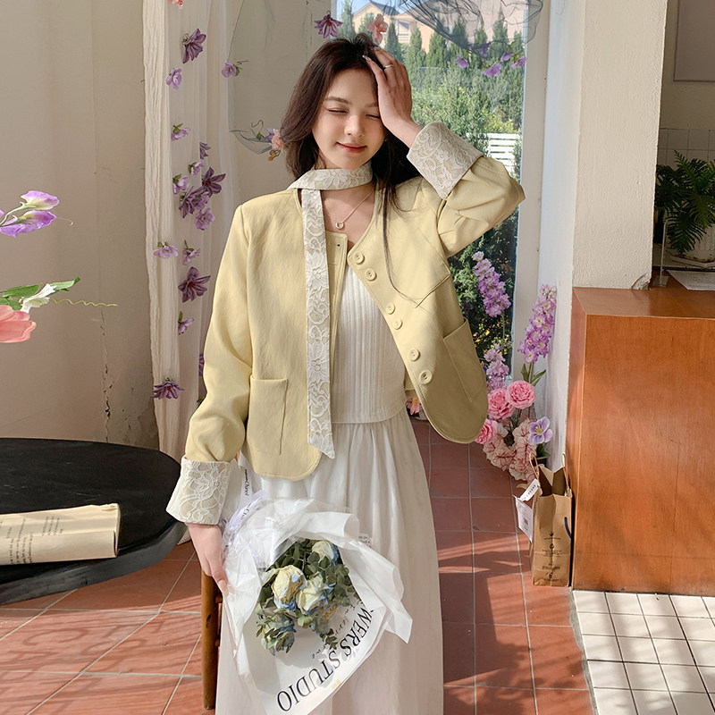 蕾丝飘带设计感短款皮衣外套女517-P135-K198,女装皮衣,2C126