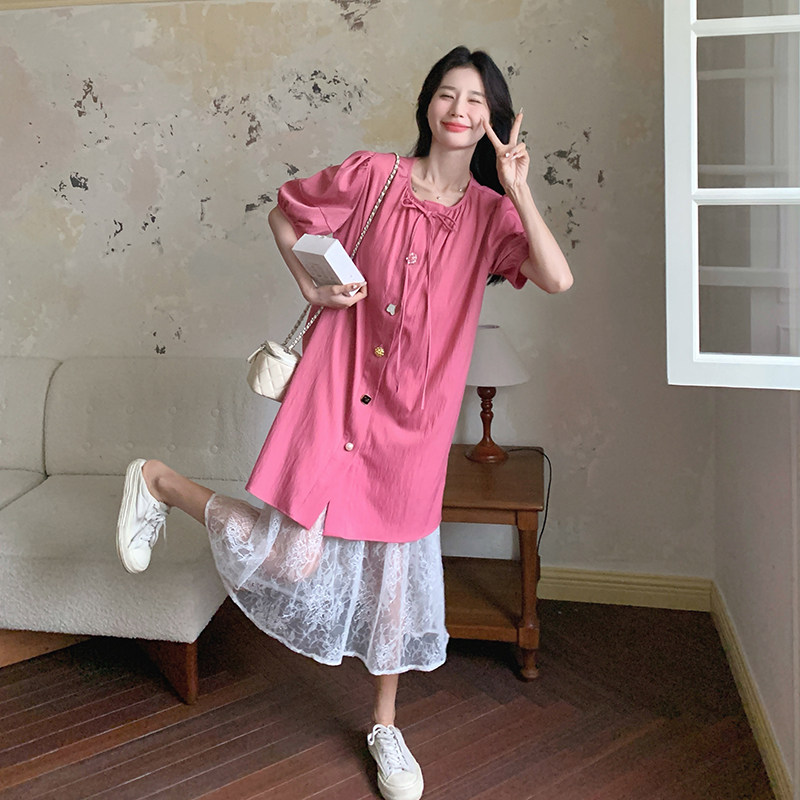 粉色泡泡袖连衣裙套装女夏季2025新款气质甜美减龄蕾丝长裙两件套,女装套装/套裙,2C115