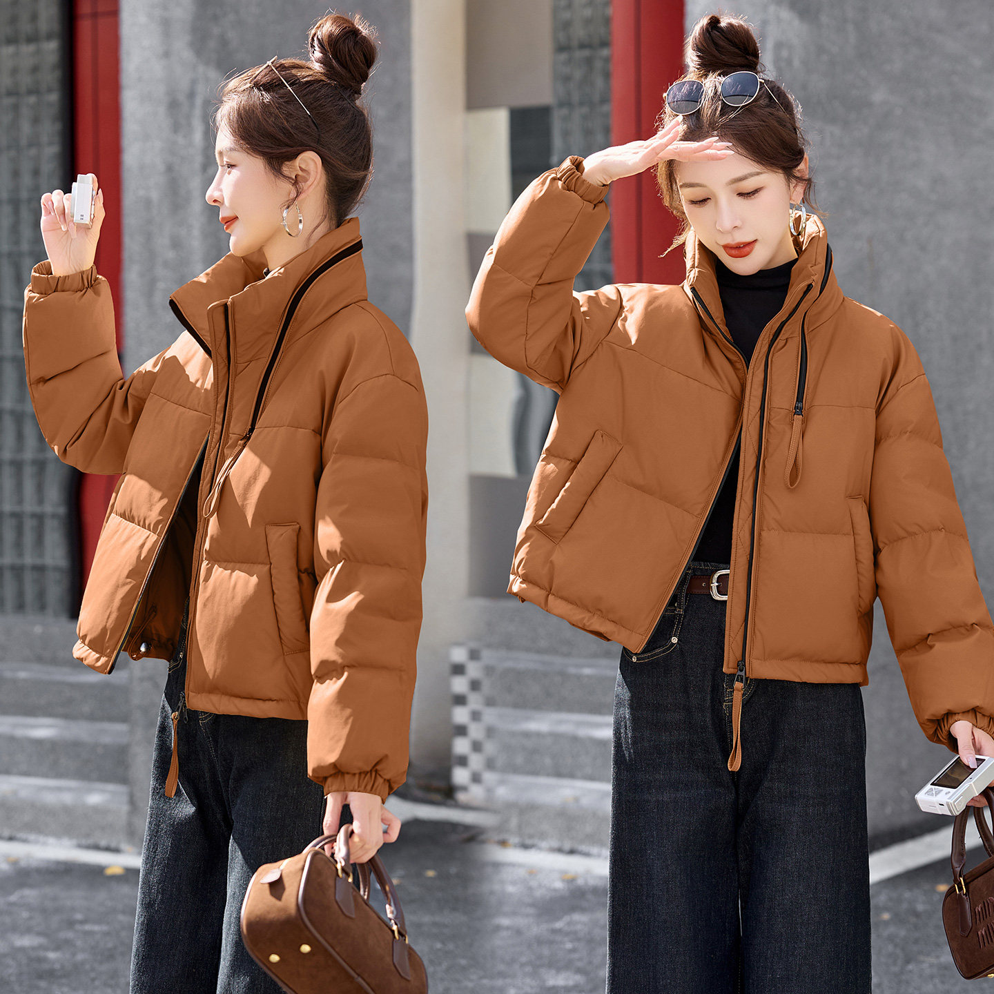 短款白鸭绒气质立领羽绒服皮衣,女装羽绒服,英标秀（1C119）