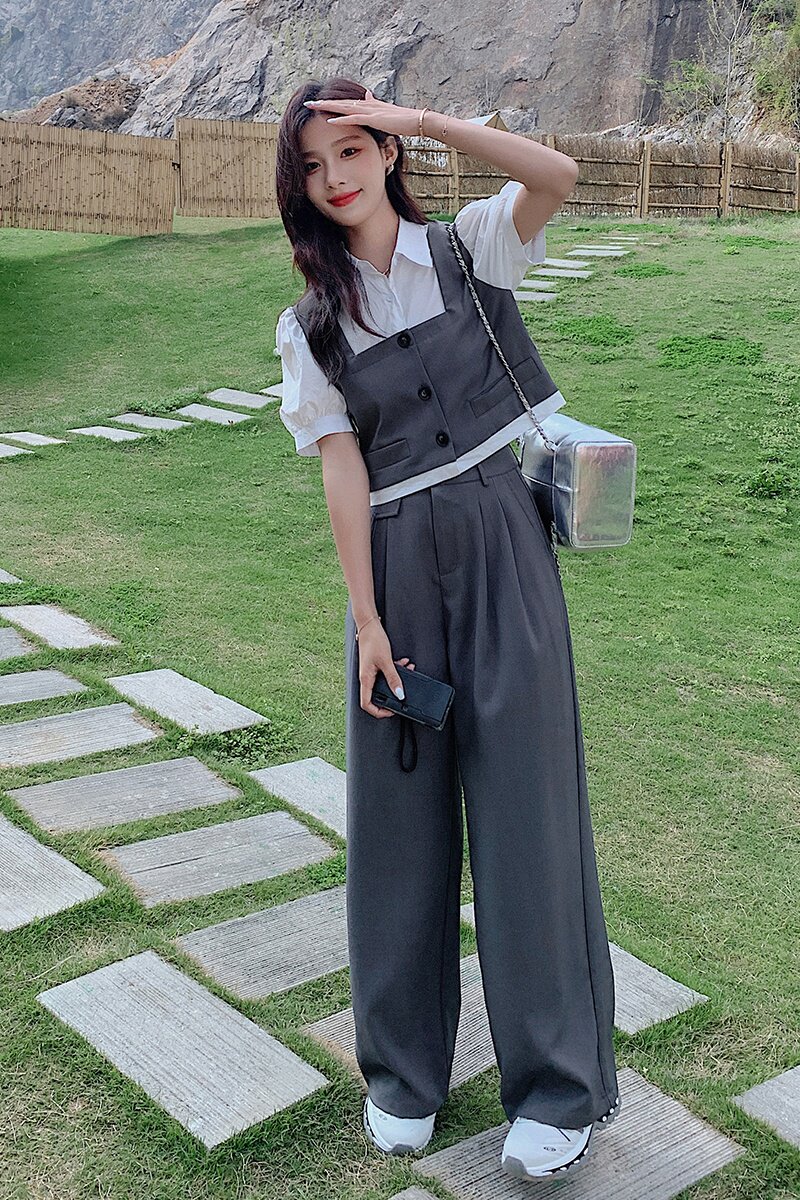 法式气质假两件衬衫上衣套装女2025夏季新款显瘦休闲阔腿裤两件套,女装套装/套裙,2C159